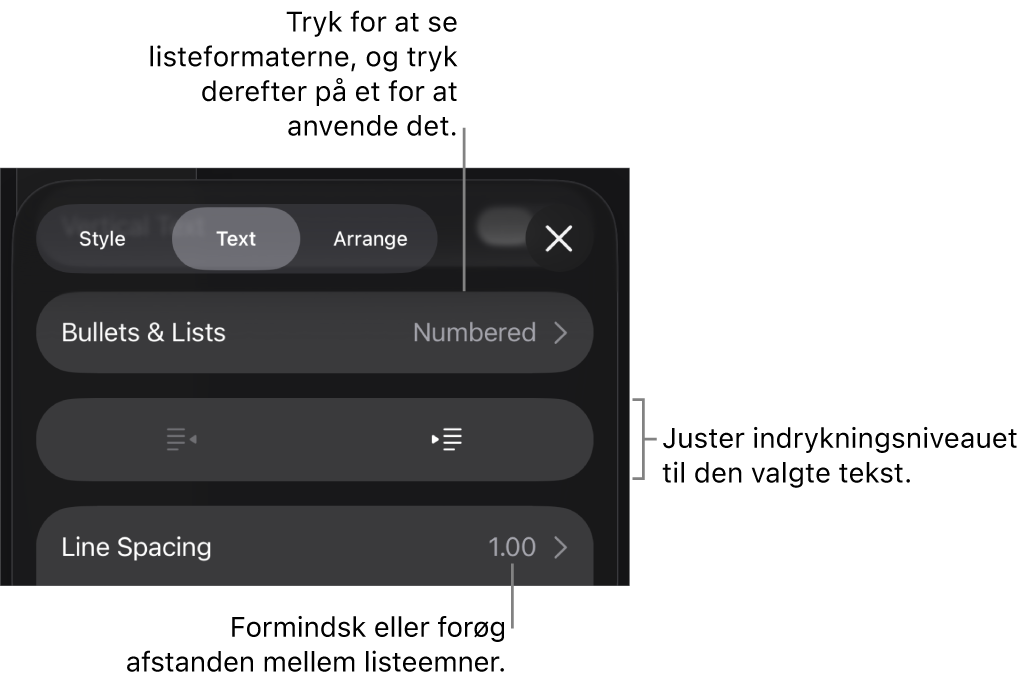 Området Punkter & lister under betjeningsmulighederne til format med billedforklaringer til Punkter & lister, knapperne Ryk ind og Ryk ud og betjeningsmulighederne til linjeafstand.