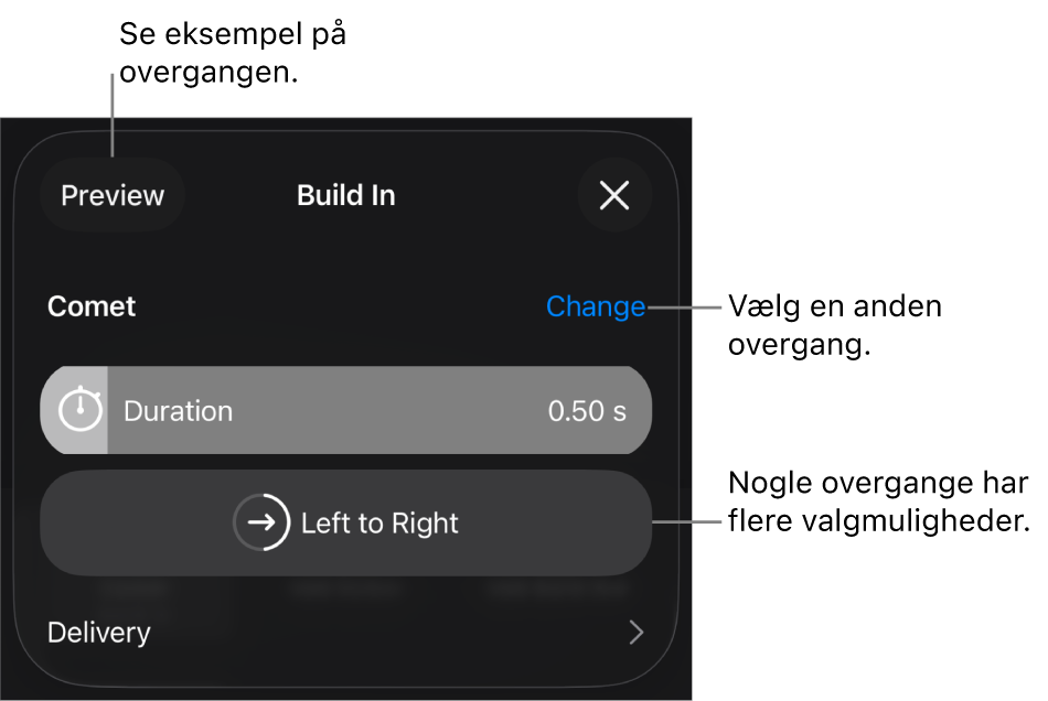 Betjeningsmuligheder til ændring af en overgang i vinduet Indstillinger.