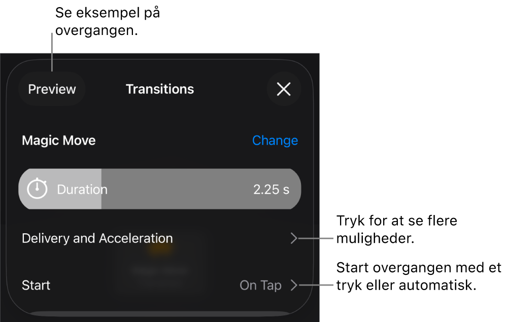 Betjeningsmuligheder til Magisk flytning i vinduet Overgange.