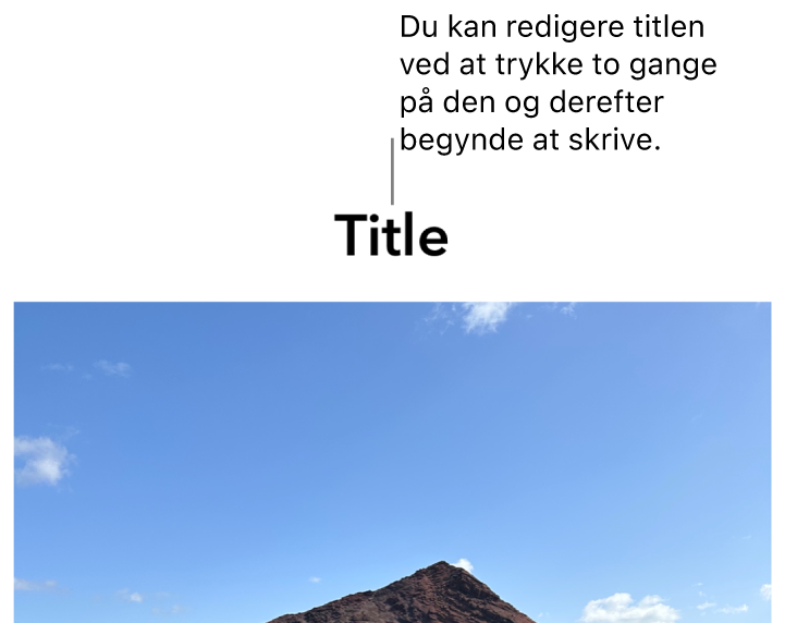 Eksempeltitlen “Titel” vises under et foto, og en blå kontur rundt om feltet med titlen viser, at det er valgt.