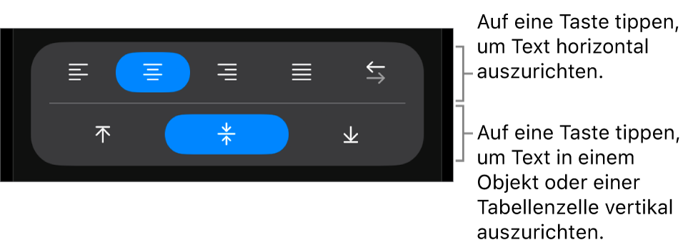 Horizontale und vertikale Ausrichtungstasten für Text