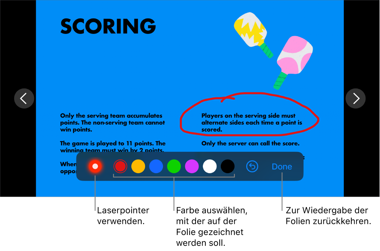 Eine Folie im Illustrationsmodus mit dem Laserpointer und Steuerelementen zur Auswahl der Farbe