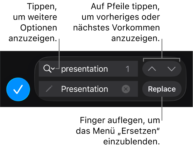Die Steuerelemente „Suchen & Ersetzen“ über der Tastatur mit den Tasten „Ersetzen“, „Aufwärts“ und „Abwärts“ sowie einem Pfeil zum Tippen für Suchoptionen.