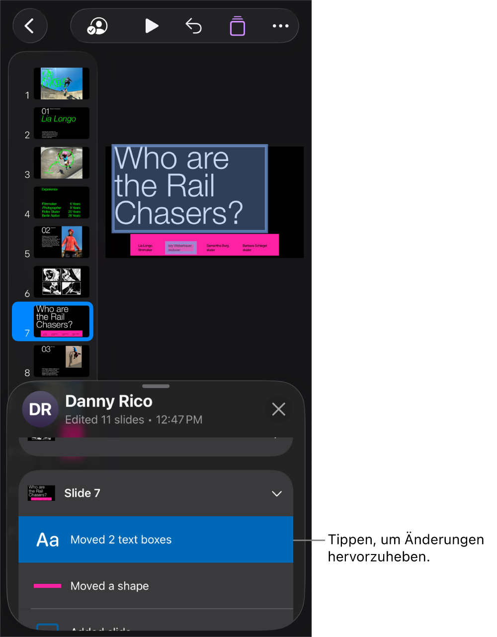 Eine gemeinsame Präsentation mit dem geöffneten Menü für die Zusammenarbeit und der geöffneten Aktivitätenliste.