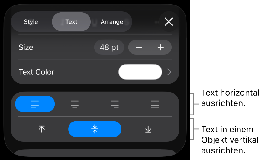 Der Abschnitt „Ausrichtung“ im Menü der Taste „Format“ mit Beschriftungen für die Ausrichtungstasten für Text