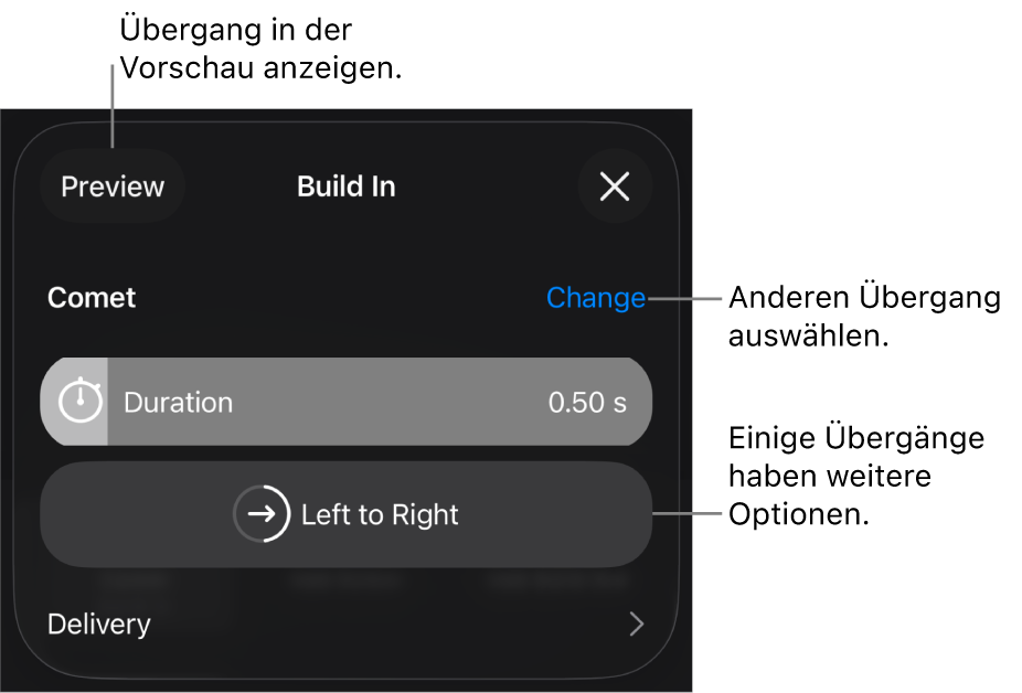 Steuerelemente im Bereich „Optionen“ zum Ändern eines Übergangs