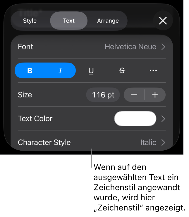 Die Steuerelemente für die Textformatierung mit „Zeichenstil“ unter den Farbsteuerungen Der Zeichenstil „Ohne“ mit einem Stern