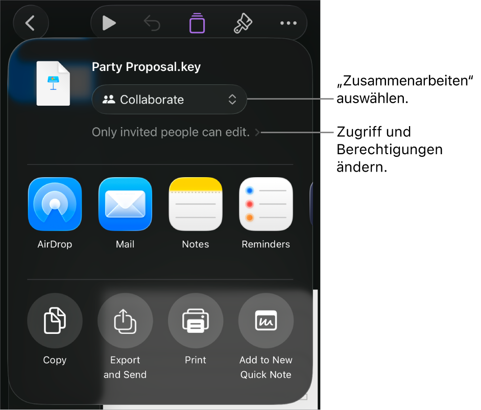 Im Menü „Teilen“ ist „Zusammenarbeiten“ oben ausgewählt und die Einstellungen für Zugriff und Berechtigungen befinden sich darunter.