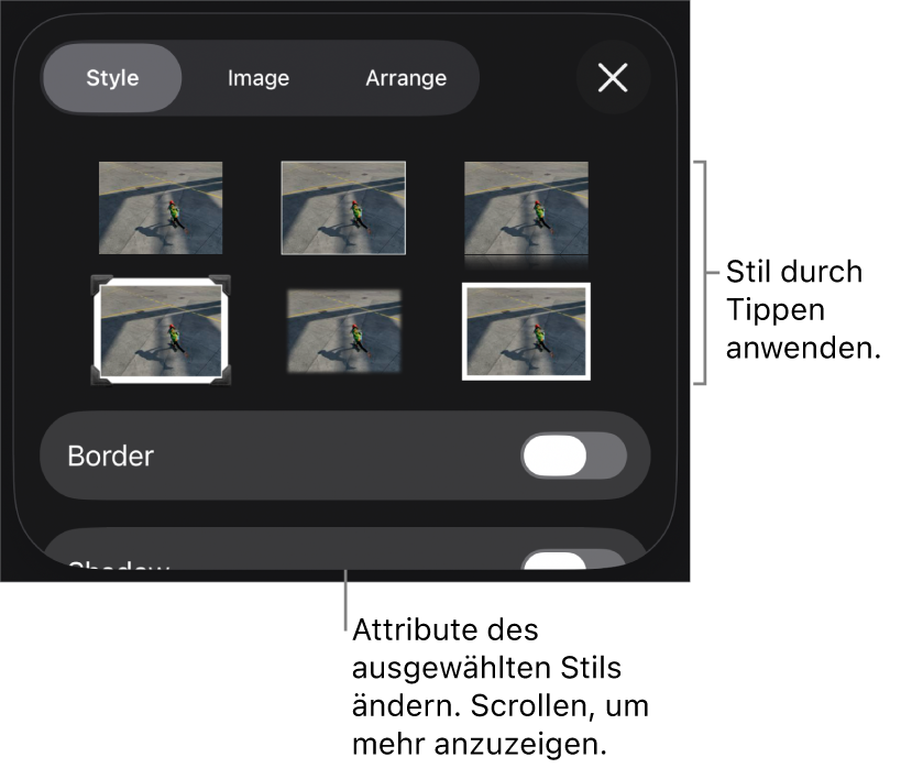 Der Tab „Stil“ des Menüs „Format“ mit Objektstilen oben und darunter einem Steuerelement zum Ändern des Rahmens