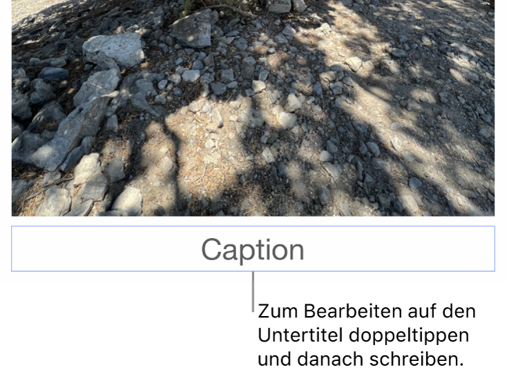 Der Platzhalter-Untertitel „Untertitel“ erscheint unter einem Foto, ein blauer Rahmen um das Untertitelfeld gibt an, dass es ausgewählt ist.