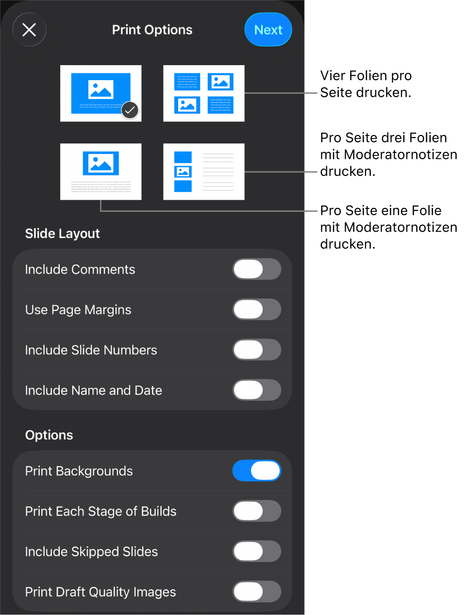 Optionen für das Drucklayout.
