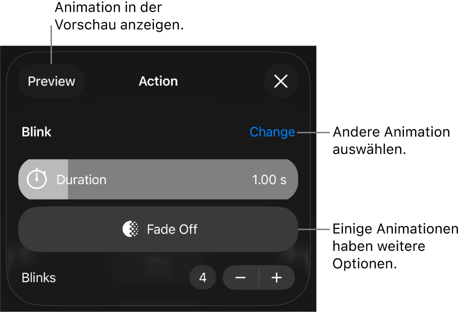 Animationsoptionen wie „Dauer“ und „Start“. Tippe auf „Ändern“, um eine andere Animation zu wählen, oder tippe auf „Vorschau“, um eine Vorschau der Animation anzuzeigen.