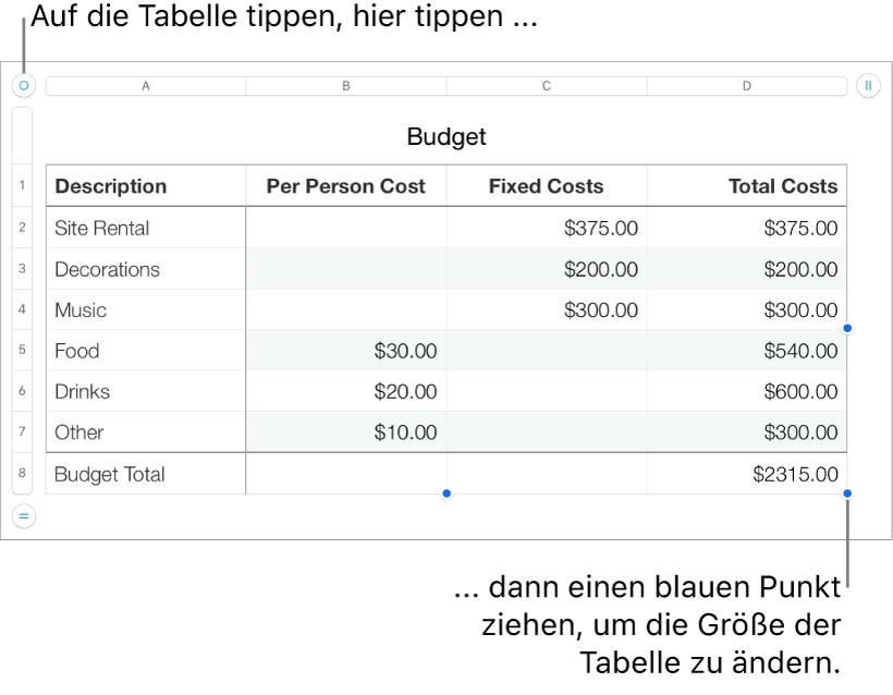 Eine ausgewählte Tabelle mit blauen Punkten zum Ändern der Größe