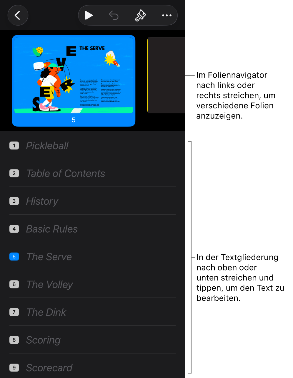 Die Gliederungsansicht mit dem horizontalen Foliennavigator oben auf dem Bildschirm und der Textgliederung einer Präsentation unten.