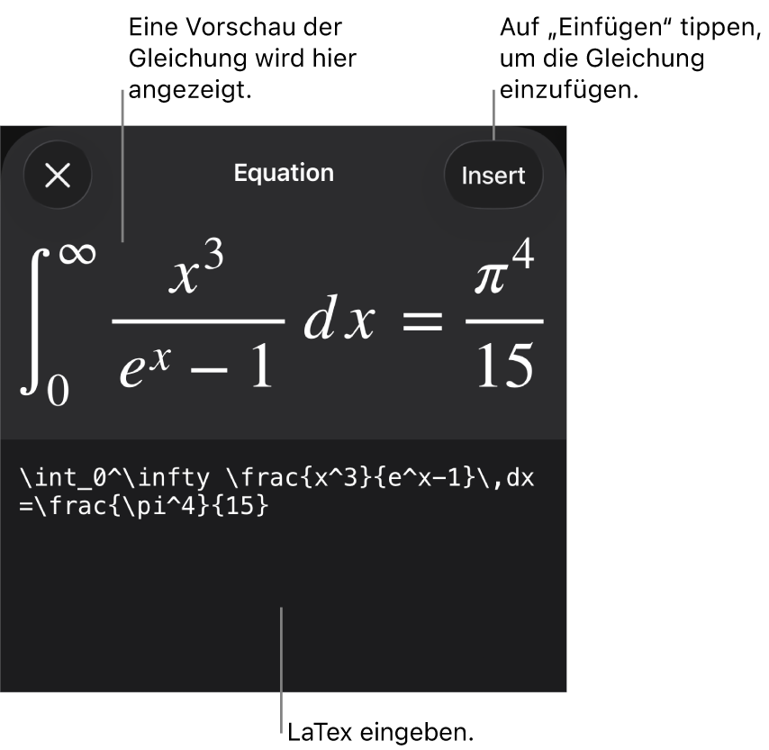 Im Dialogfenster „Gleichung“ wird eine Gleichung angezeigt, die mit LaTex-Befehlen geschrieben wurde, darüber wird eine Vorschau der Formel angezeigt.