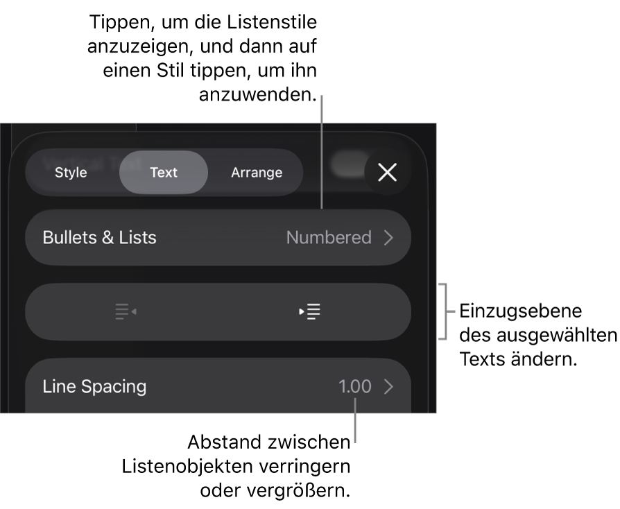 Der Abschnitt „Listen & Punkte“ der Formatsteuerungen mit Beschreibungen für „Listen & Punkte“, den Tasten „Einrücken“ und „Ausrücken“ und Steuerelemente für den Zeilenabstand