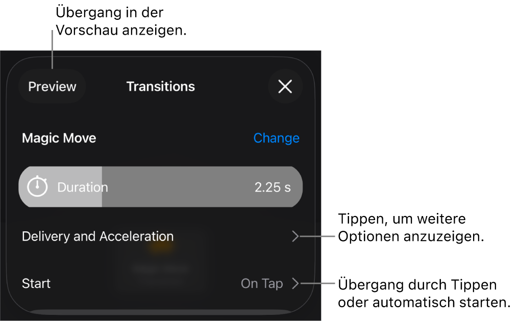 Steuerelemente für „Zauberei“ im Bereich „Übergänge“