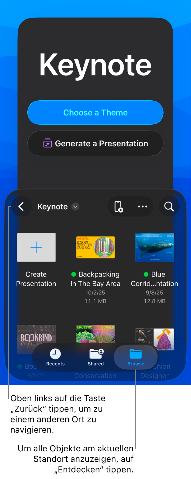 Die Darstellung zum Durchsuchen des Dokumentenmanagers mit der Taste „Zurück“ oben links und dem Suchfeld darunter. Oben rechts sind die Tasten „Hinzufügen“, „Mehr“ und „Fernbedienung“. Unten auf dem Bildschirm sind die Tasten „Verlauf“, „Geteilt“ und „Durchsuchen“.