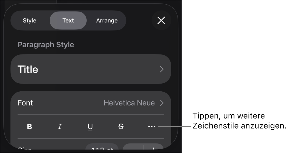 Die Steuerelemente für das Format mit Absatzstilen oben, dann die Steuerelemente für die Schrift. Unter „Schrift“ befinden sich die Tasten „Fett“, „Kursiv“, „Unterstrichen“, „Durchgestrichen“ und „Weitere Textoptionen“.