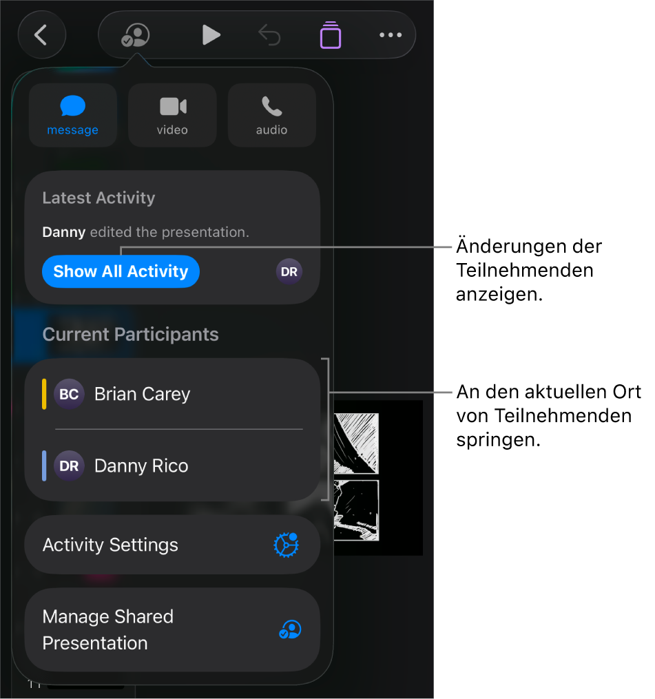 Das Menü „Zusammenarbeiten“ mit einer Liste der aktuellen Teilnehmer:innen.