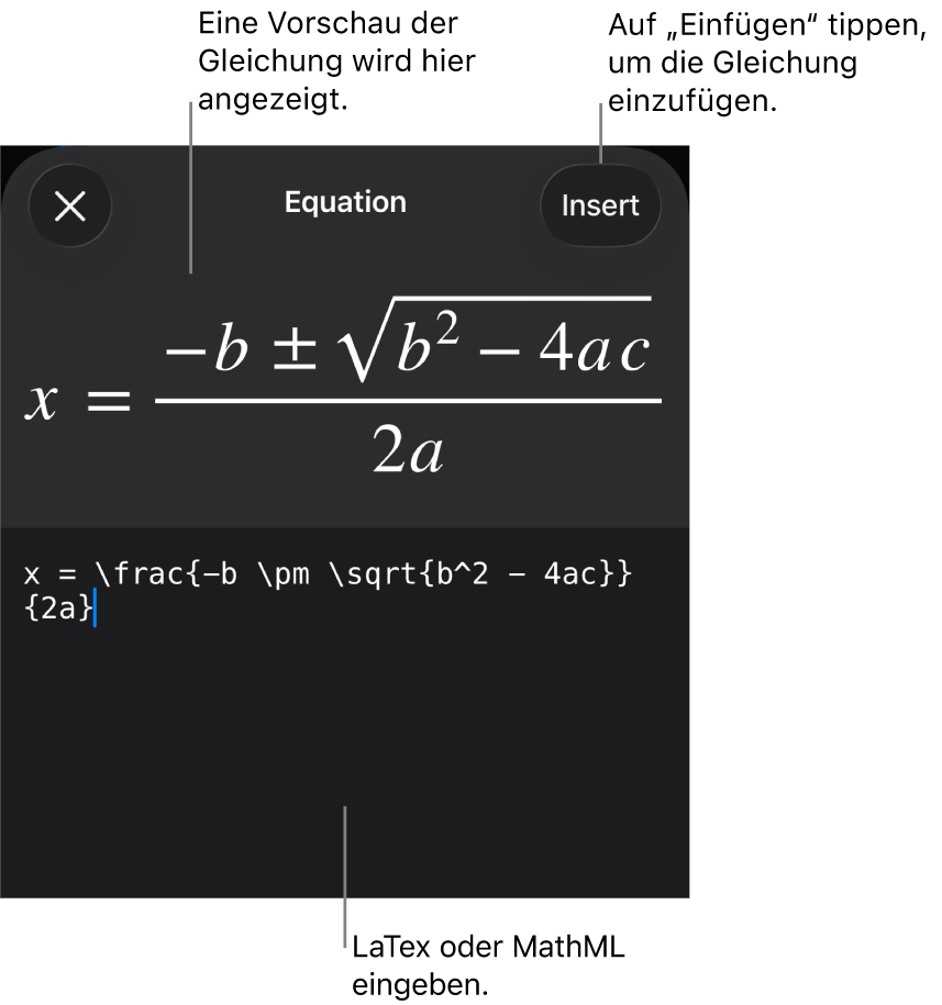 Im Dialogfenster „Gleichung“ wird eine Gleichung angezeigt, die mit MathML-Befehlen geschrieben wurde, darüber wird eine Vorschau der Formel angezeigt.
