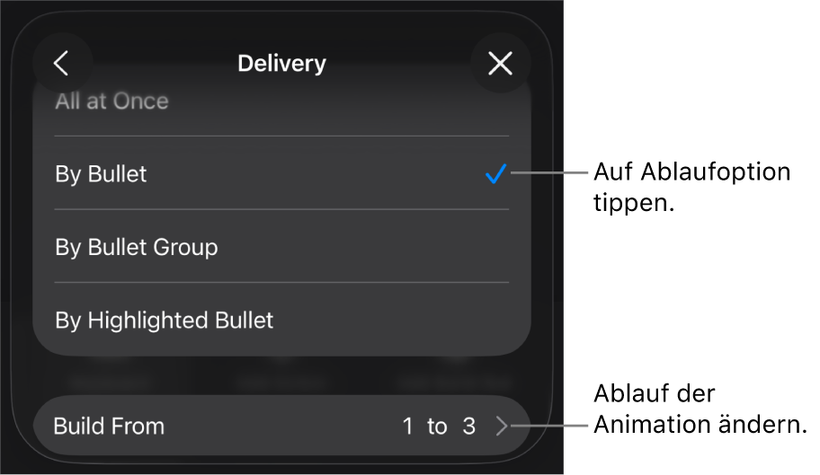 Ablaufoptionen im Bereich „Aufbau“