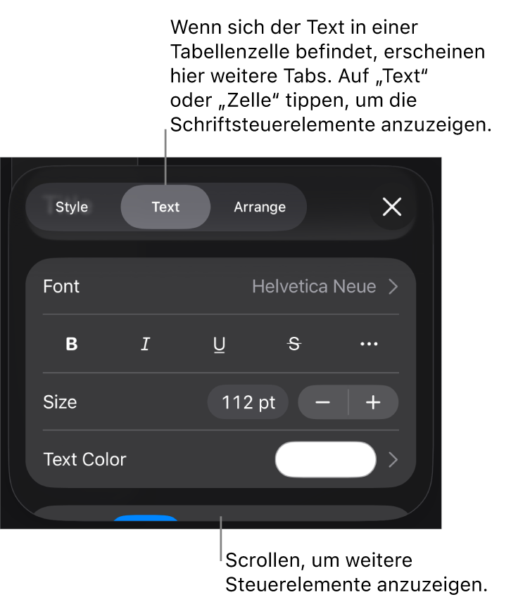 Textsteuerelemente im Menü „Format“ zum Festlegen von Absatz- und Zeichenstilen, Schrift, Größe und Farbe