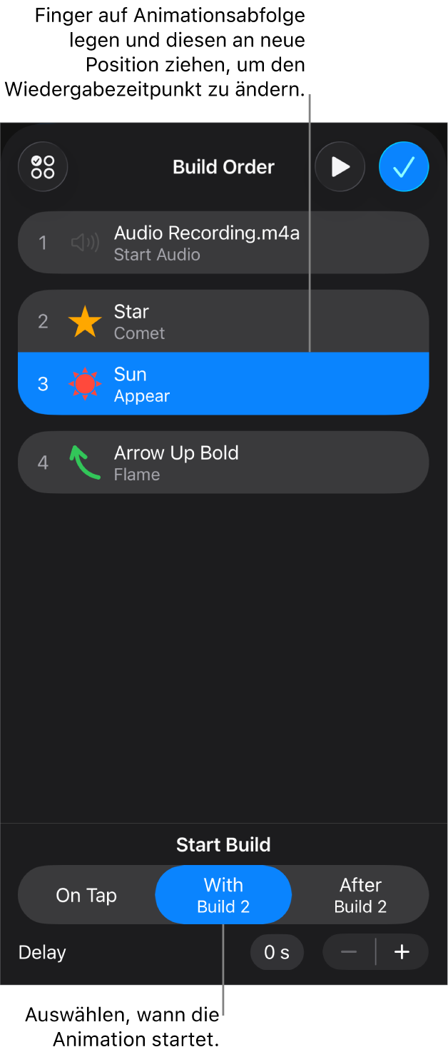 In der Liste „Animationsabfolge“ werden die Aufbaueffekte mit gelben Badges und die Abbaueffekte mit grauen Badges angezeigt