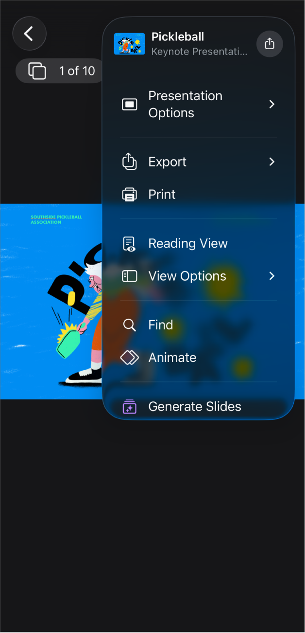 Die App „Keynote“ mit den geöffneten Funktionen „Exportieren“ im Menü „Mehr“ in der Symbolleiste.