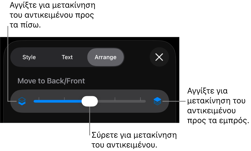 Το κουμπί Μετακίνησης προς τα πίσω, το κουμπί Μετακίνησης προς τα εμπρός, και το ρυθμιστικό διαστρωμάτωσης.