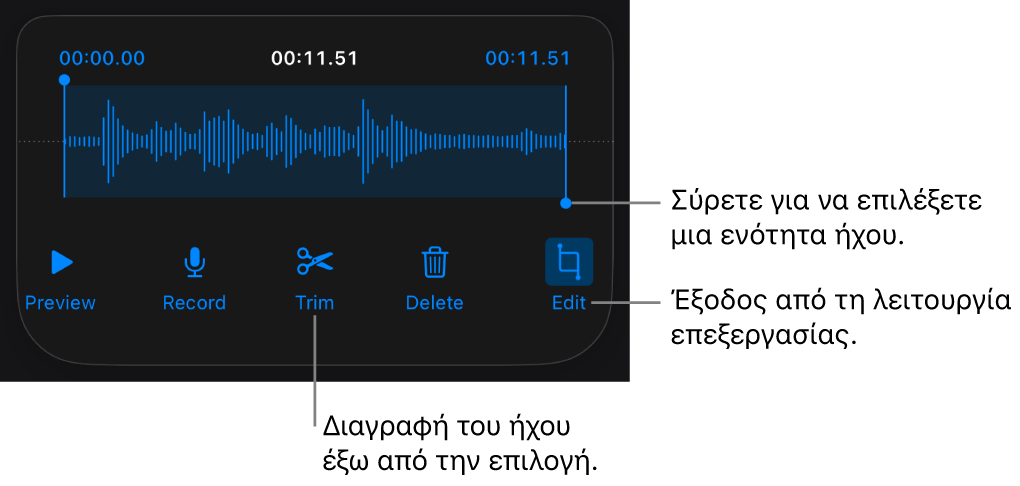 Στοιχεία ελέγχου για επεξεργασία ήχου εγγραφής. Λαβές που υποδεικνύουν την επιλεγμένη ενότητα της εγγραφής και τα κουμπιά «Προεπισκόπηση», «Περικοπή», «Διαγραφή» και «Επεξεργασία» από κάτω.