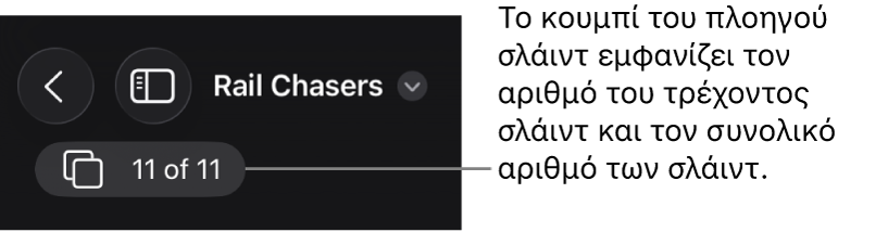 Το κουμπί του πλοηγού σλάιντ που εμφανίζει τον τρέχοντα αριθμό σλάιντ και τον συνολικό αριθμό των σλάιντ στην παρουσίαση.