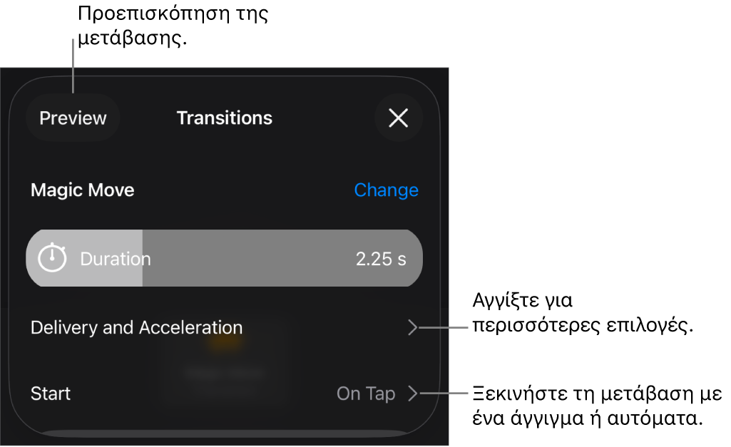 Στοιχεία ελέγχου Μαγικής Κίνησης στο τμήμα «Μεταβάσεις».