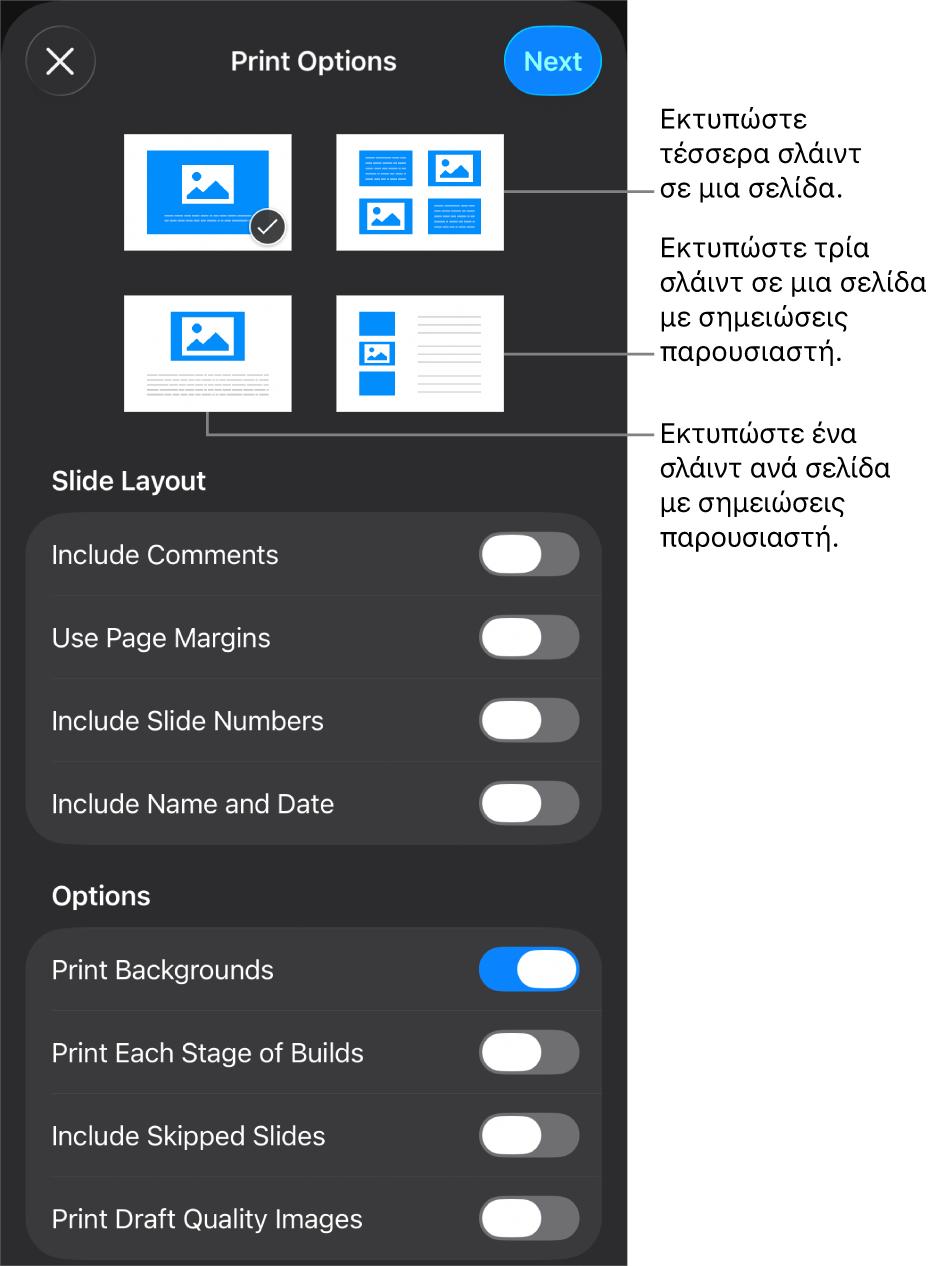 Επιλογές διάταξης εκτύπωσης.