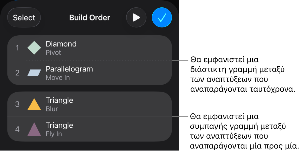 Το μενού «Σειρά ανάπτυξης», με μια εστιγμένη γραμμή που εμφανίζεται μεταξύ των αναπτύξεων που αναπαράγονται ταυτόχρονα και μια συμπαγή γραμμή μεταξύ των αναπτύξεων που παίζουν μία μία.
