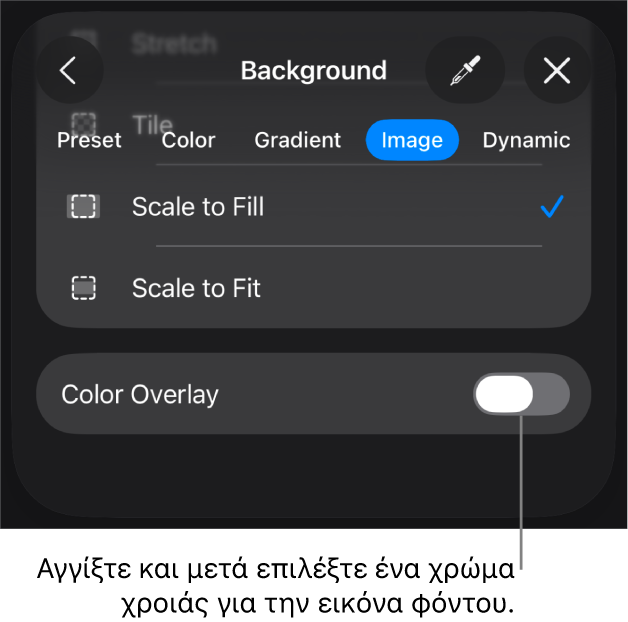 Τα στοιχεία ελέγχου Φόντου με μια εικόνα που έχει οριστεί ως φόντο του σλάιντ και το στοιχείο ελέγχου «Υπέρθεση χρώματος» στο κάτω μέρος.