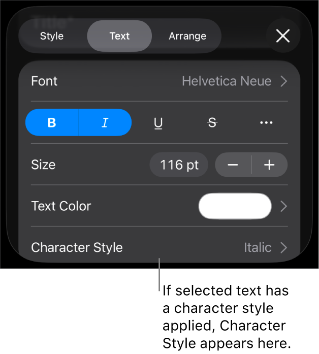 The Text formatting controls with Character Style below the Colour controls. The character style None appears with an asterisk.