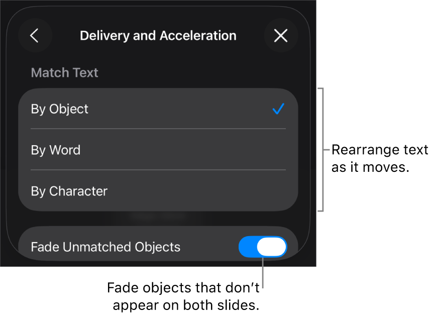 Magic Move delivery and acceleration options in the Acceleration pane.