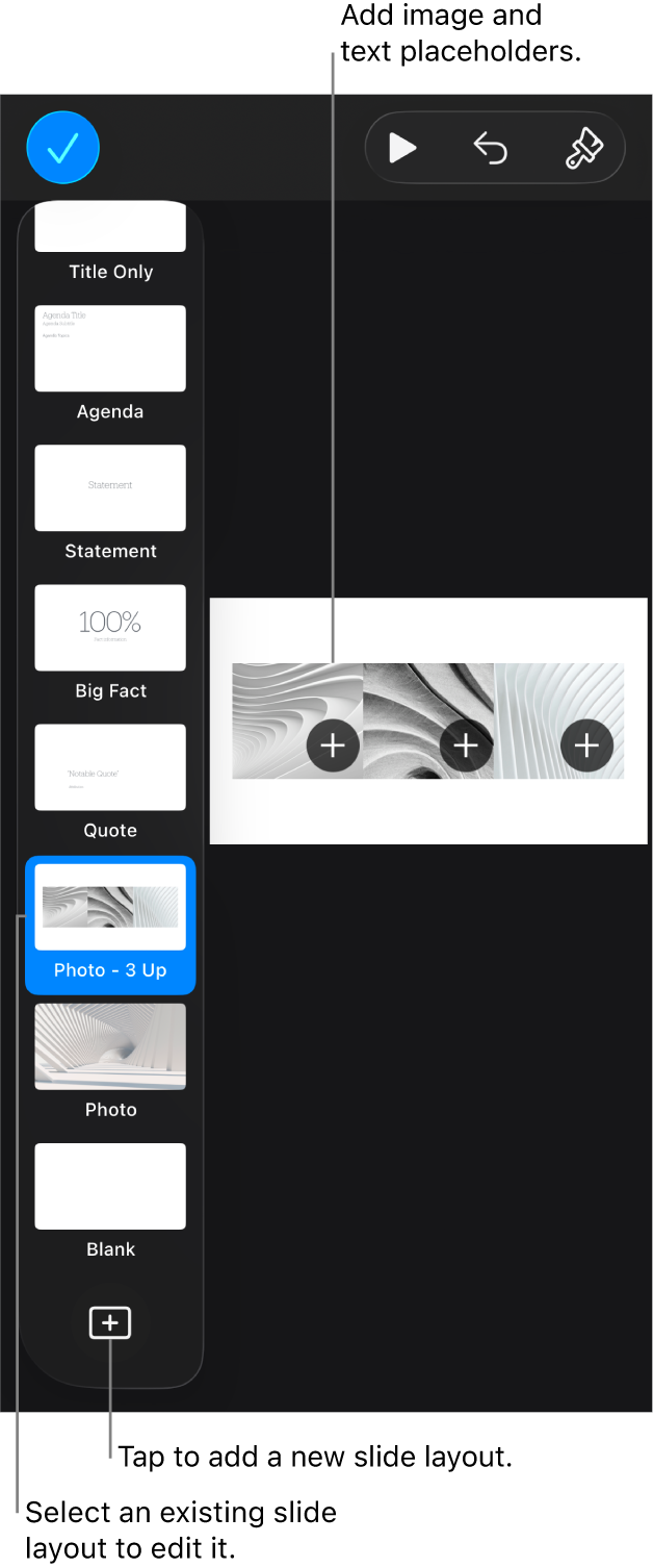 A slide layout showing on the slide canvas with the Add Slide Layout button at the bottom of the slide navigator.