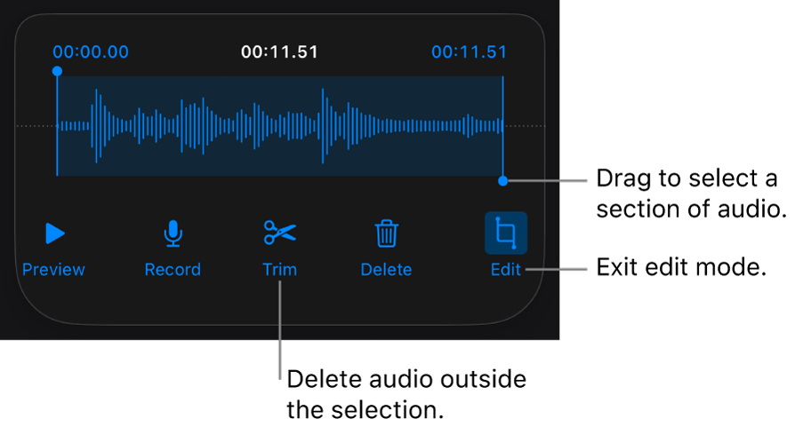 Controls for editing recorded audio. Handles indicate the selected section of the recording, and Preview, Record, Trim, Delete and Edit Mode buttons are below.
