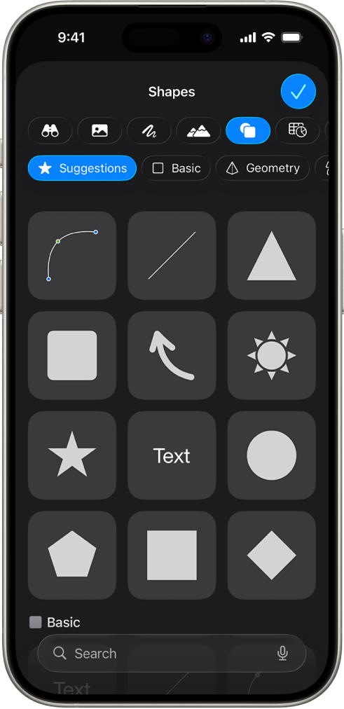 The Insert menu with buttons across the top to add tables, charts, shapes and media.