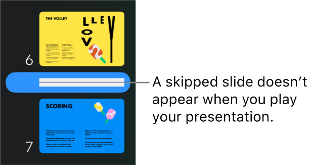 The slide navigator with a skipped slide showing as a horizontal line.