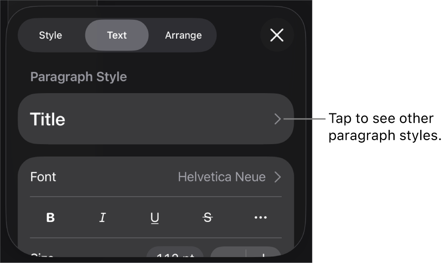 The Format menu showing text controls for setting paragraph and character styles, font, size and colour.