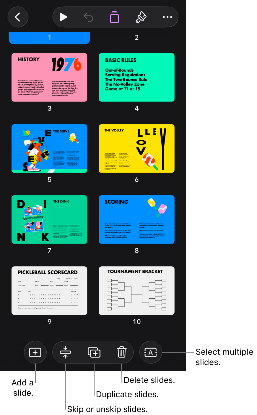 Light table view with buttons at the bottom of the screen for adding, skipping, duplicating and deleting slides, and for selecting multiple slides.