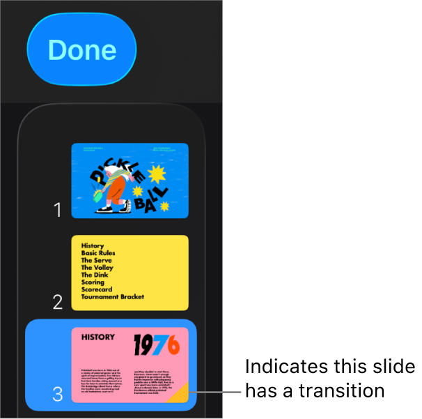 A yellow triangle on a slide indicates the slide has a transition.