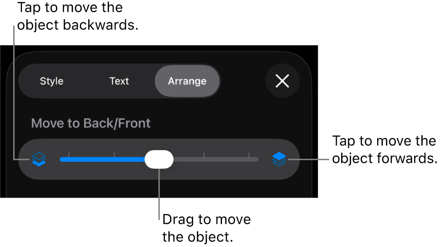 The Move Backward button, the Move Forward button and the layering slider.