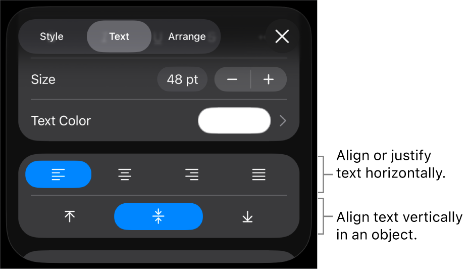 The Alignment section of the Format button with call outs to text alignment buttons.