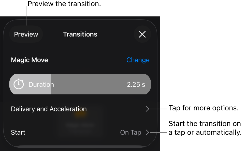 Magic Move controls in the Transitions pane.