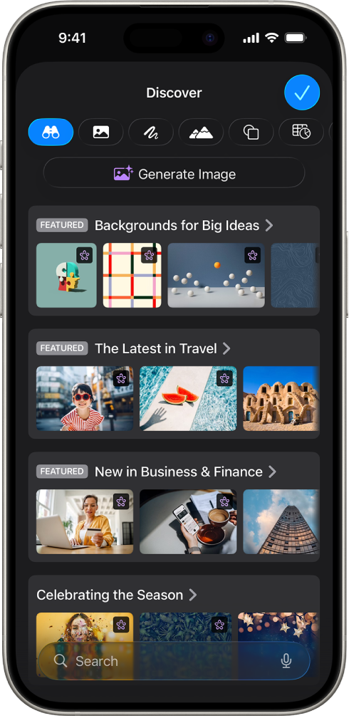 The Discover category of the Content Hub showing options to generate an image or add premium images to a slide.