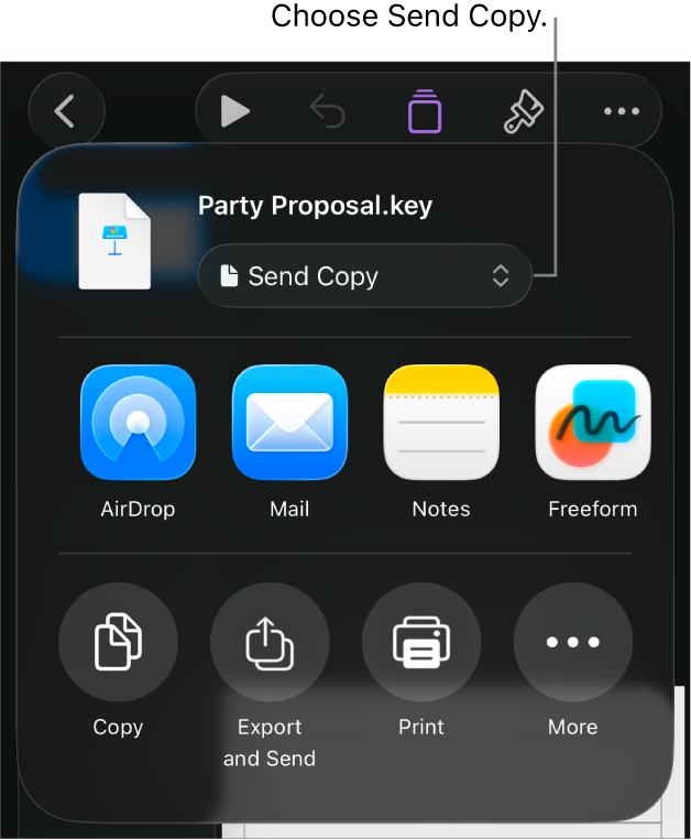 The Share menu with Send Copy selected at the top.